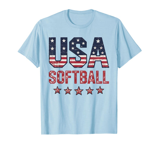 Softball USA American Flag Women Men Patriotic Softball Fan T-Shirt