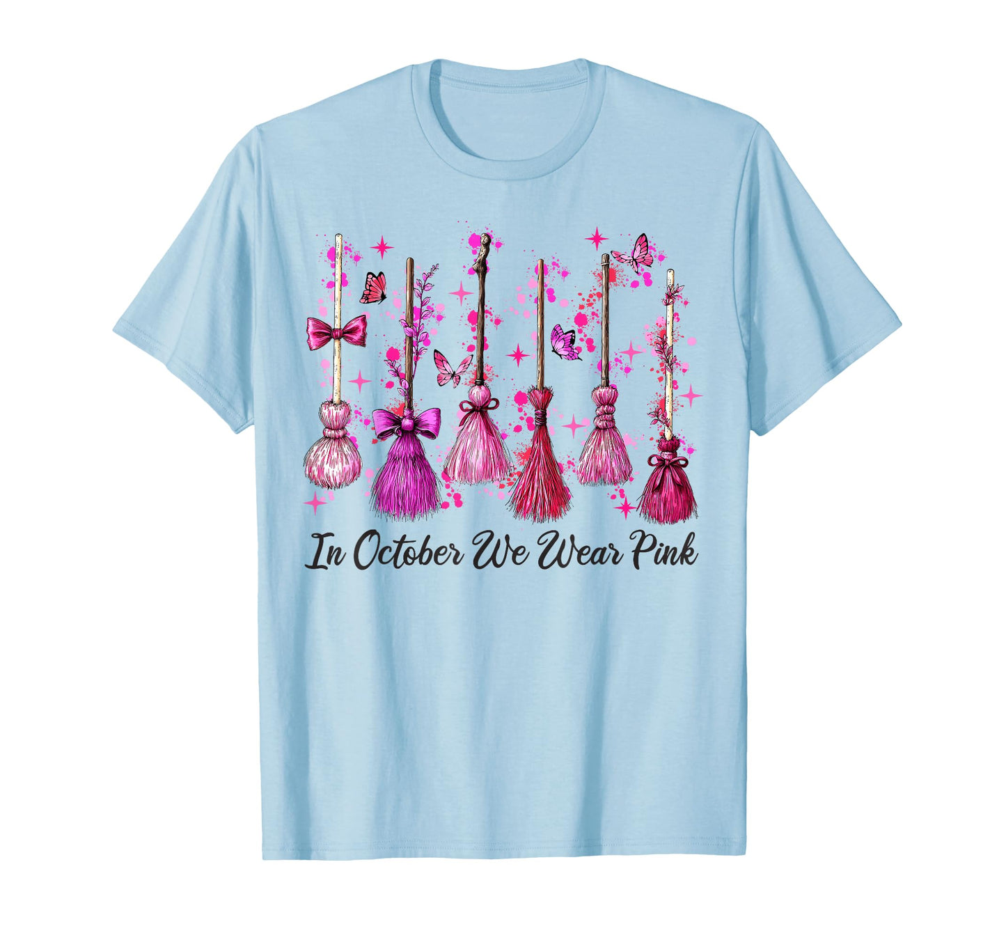 in October We Wear Pink Witch Broom Halloween Breast Cancer T-Shirt