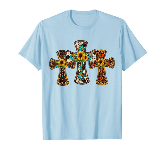 Western Cross Christian God Jesus Sunflower Cowhide T-Shirt