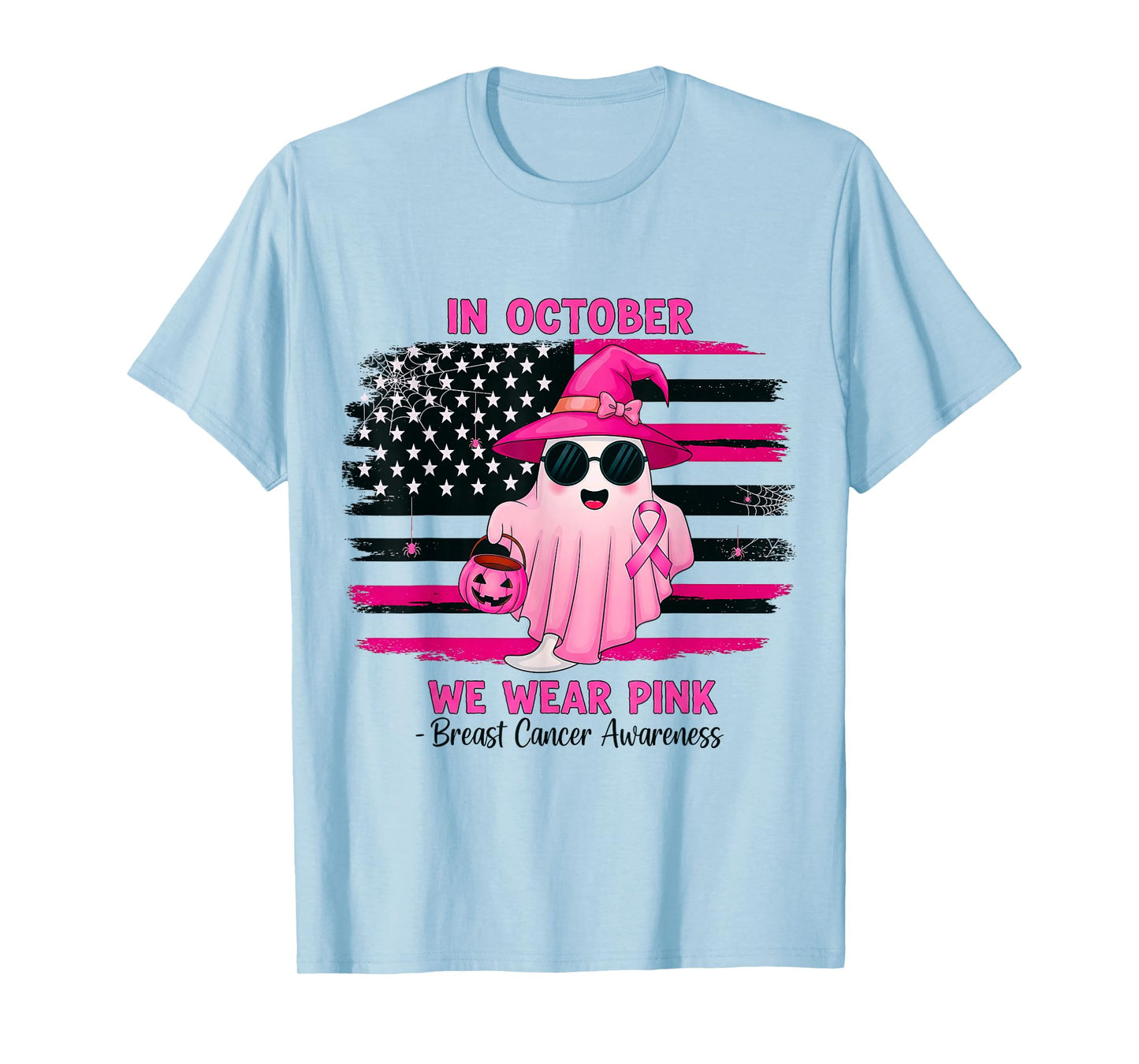 in October We Wear Pink Ghost Witch Breast Cancer Awareness T-Shirt
