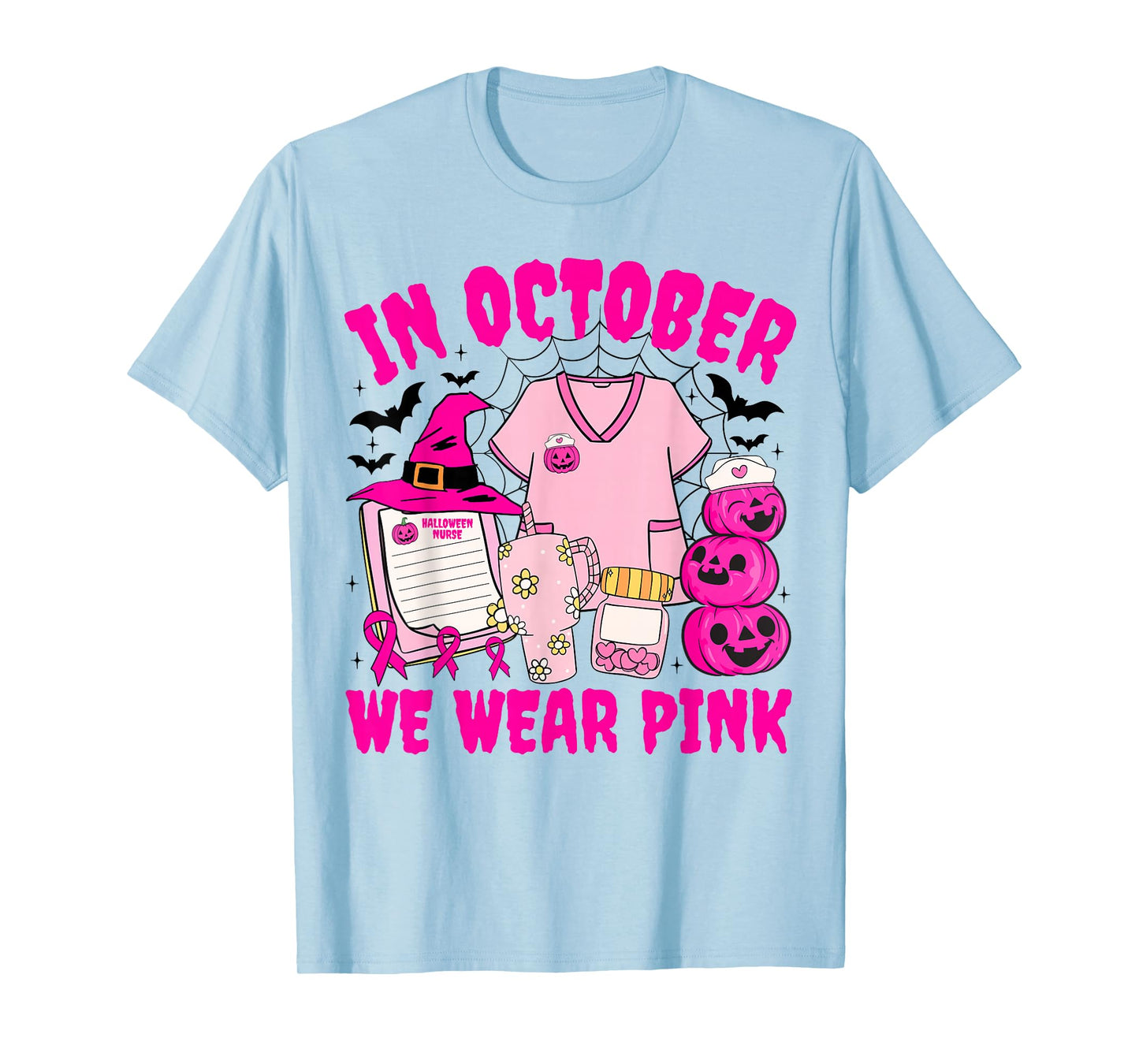We Wear Pink in October Breast Cancer Nurse Pumpkin Witch T-Shirt