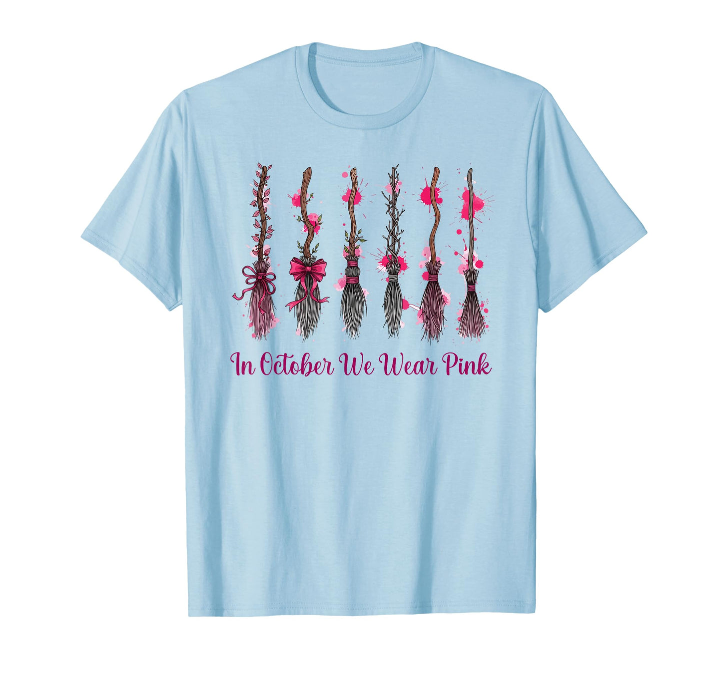 in October We Wear Pink Witches Brooms Spooky Breast Cancer T-Shirt