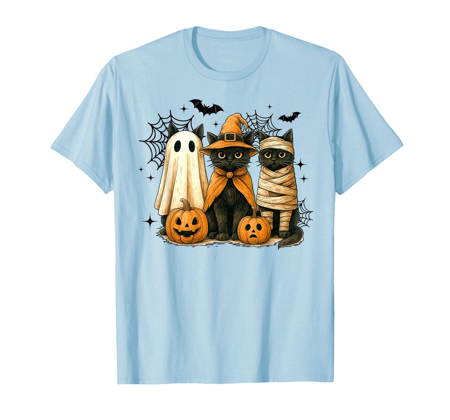 Cute Cat Ghost Witch Halloween Pumpkin Spooky Season Vintage T-Shirt