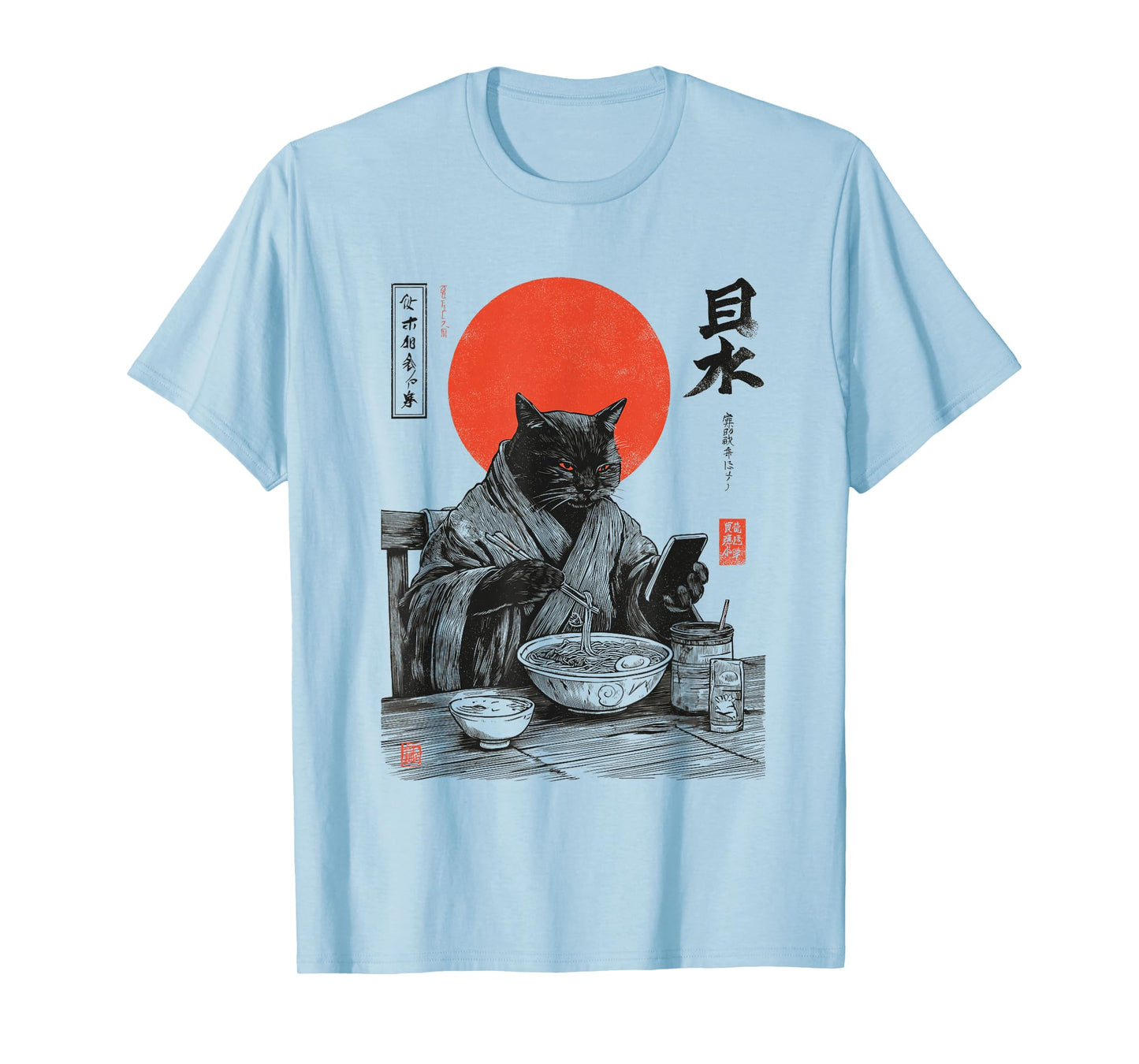 Samurai Cat Eat Ramen Scroll Phone Japanese Food Humor Art T-Shirt