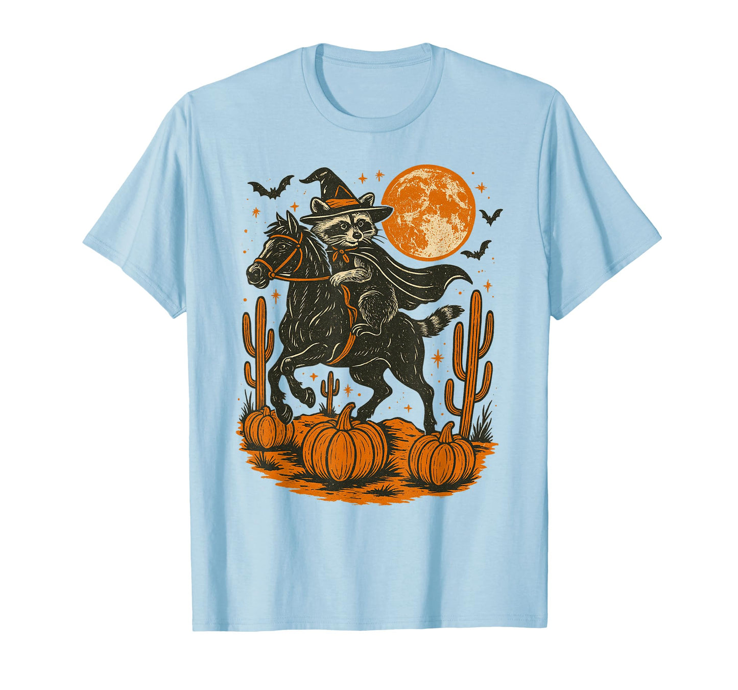 Witch Raccoon Riding Horse Halloween Pumpkin Moon Western T-Shirt