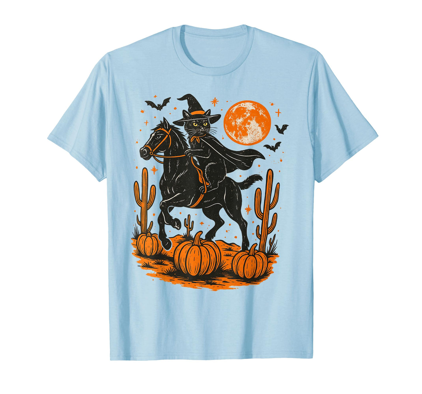 Witch Black Cat Riding Horse Halloween Pumpkin Moon Western T-Shirt