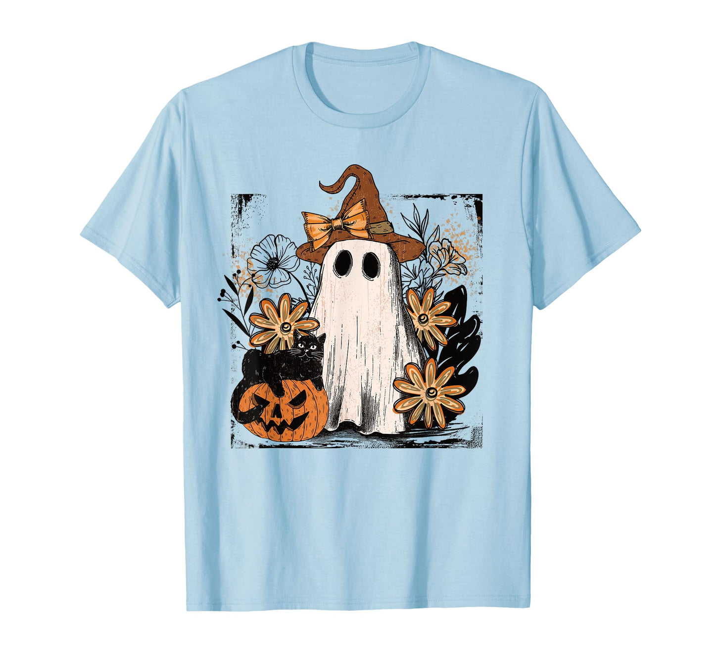 Cute Ghost Witch Cat Pumpkin Halloween Fall Floral Aesthetic T-Shirt
