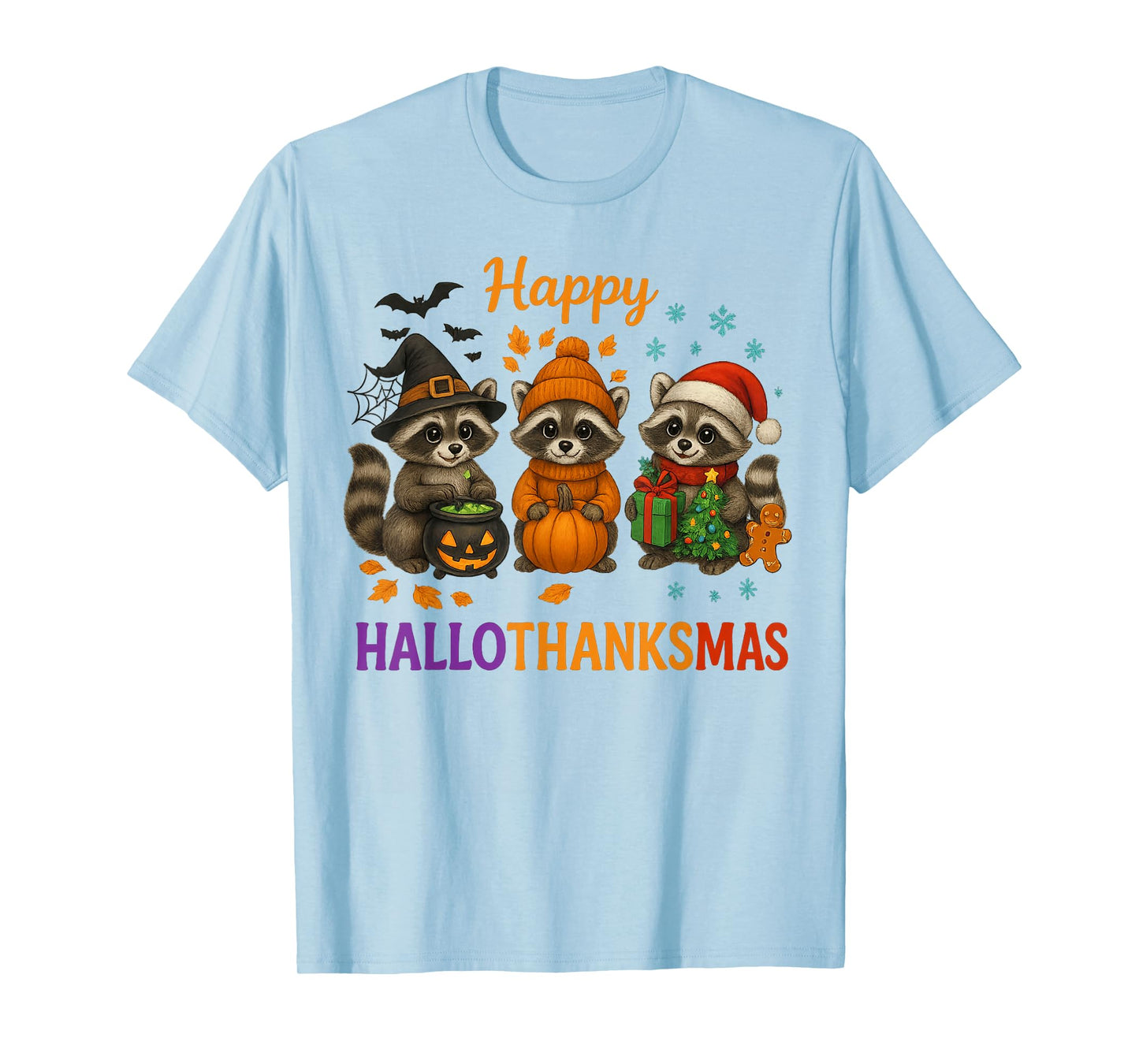 Happy Hallothanksmas Raccoon Halloween Christmas Thanksgivin T-Shirt