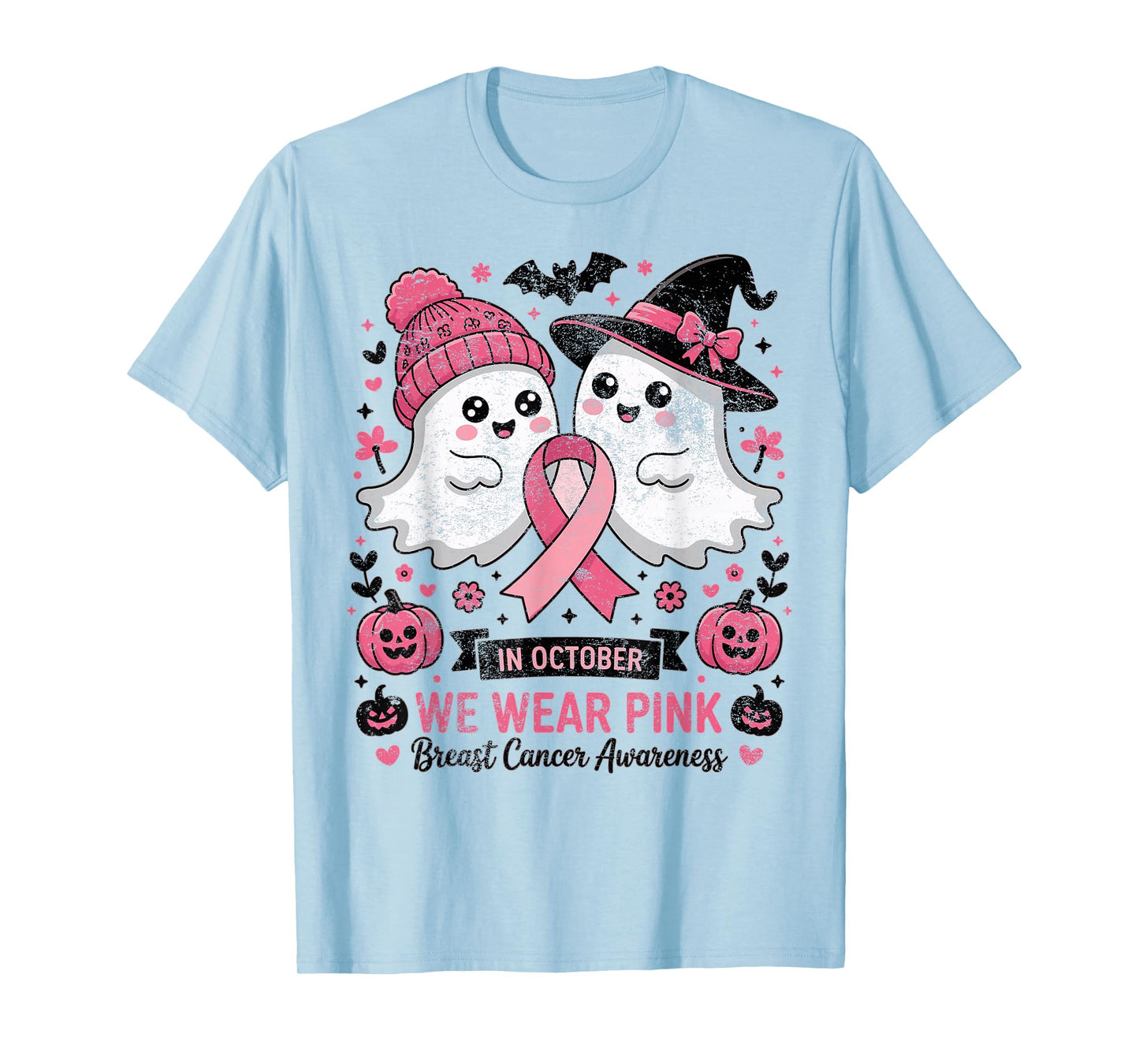 in October We Wear Pink Ghost Witch Breast Cancer Awareness T-Shirt