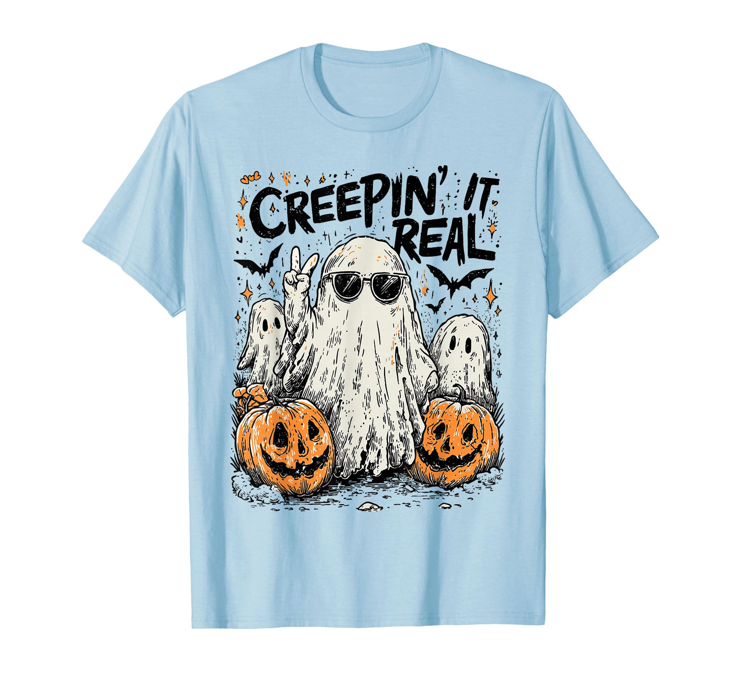Retro Creepin' It Real Halloween Ghost Pumpkin Spooky Season T-Shirt