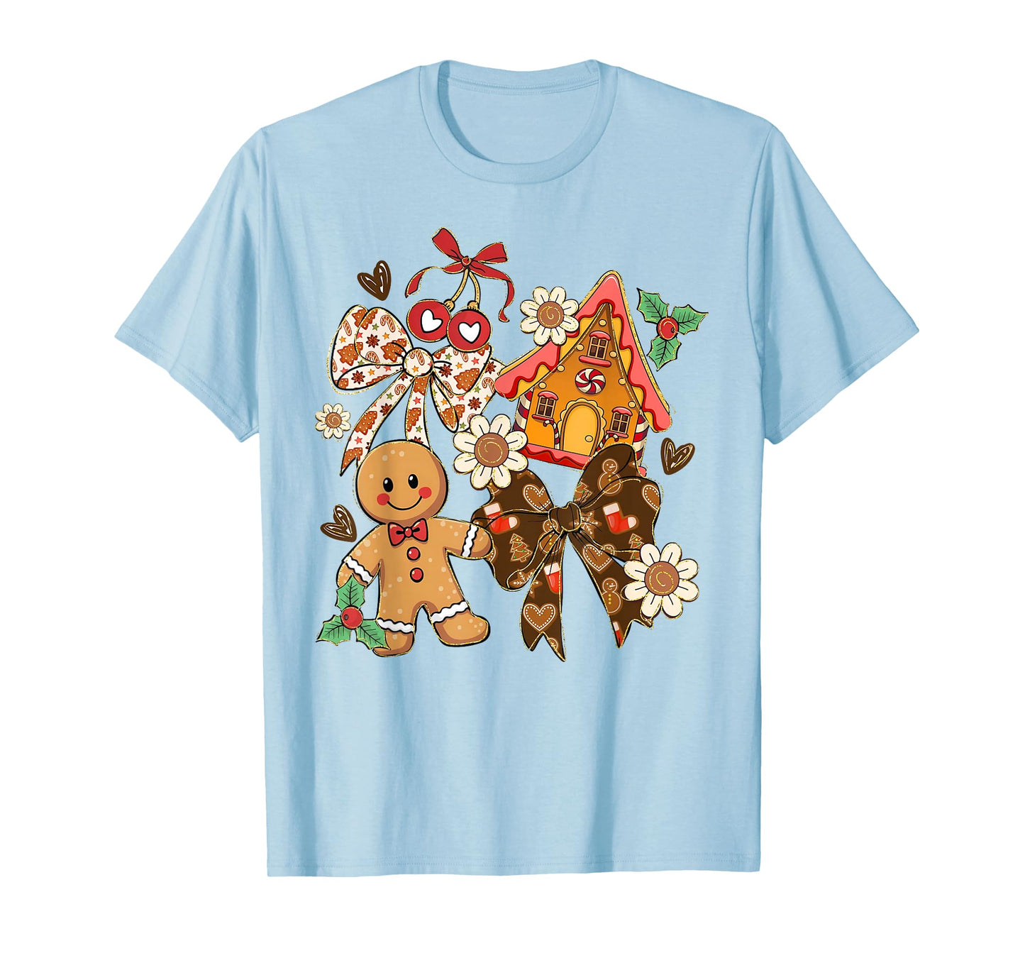 Preppy Christmas Gingerbread Floral Coquette Bow Cute Xmas T-Shirt