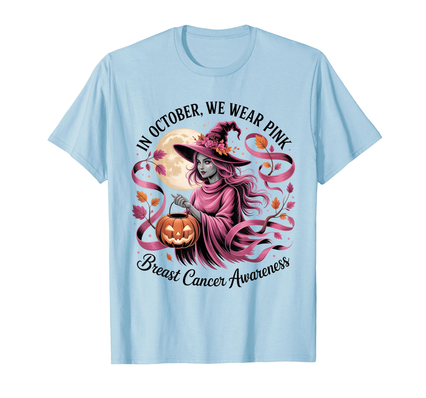 in October We Wear Pink Ribbon Halloween Ghost Witch T-Shirt