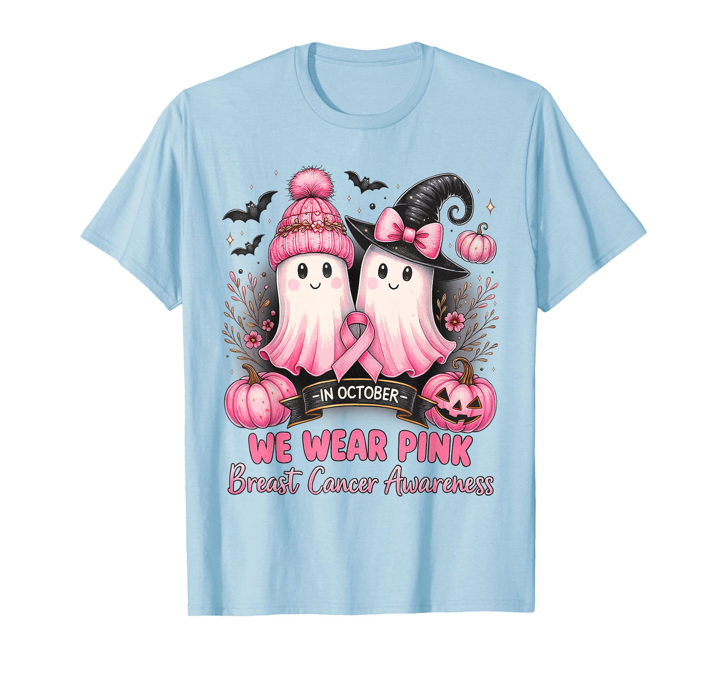 in October We Wear Pink Ghost Witch Breast Cancer Awareness T-Shirt