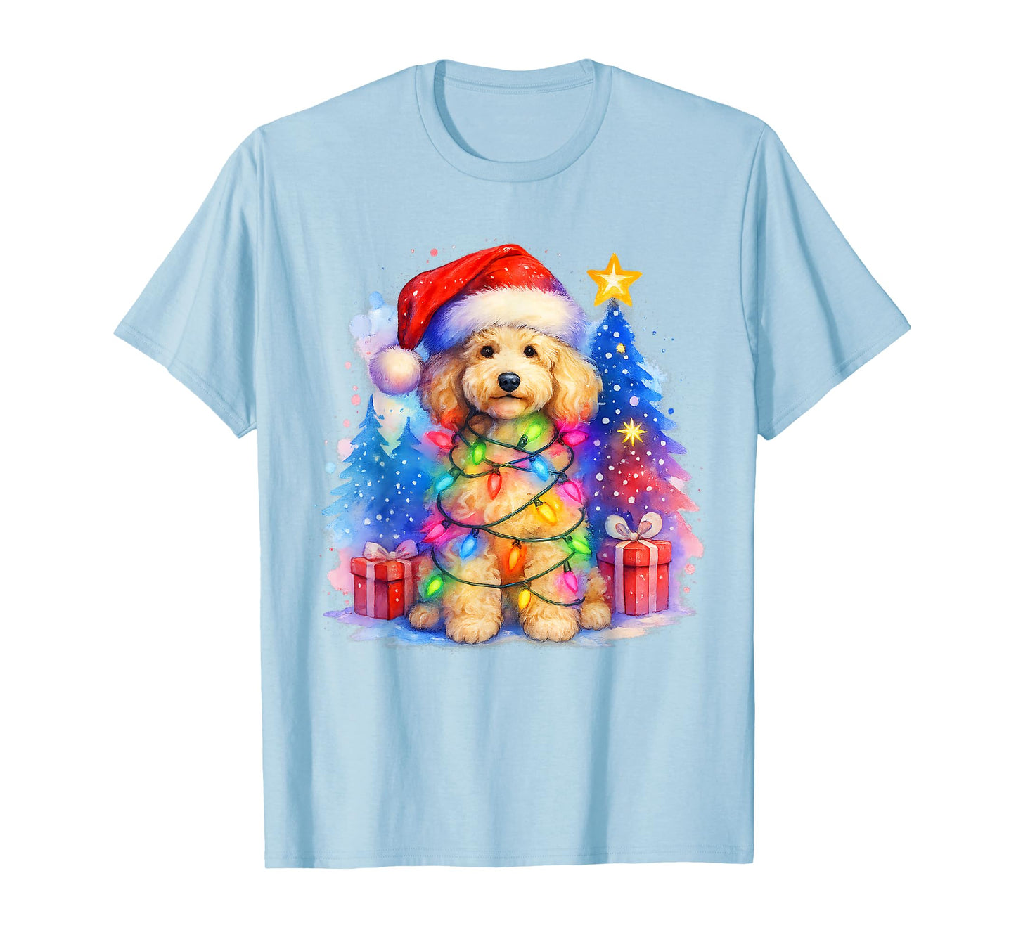 Festive Fluffy Poodle Christmas Santa Hat and Lights Winter T-Shirt