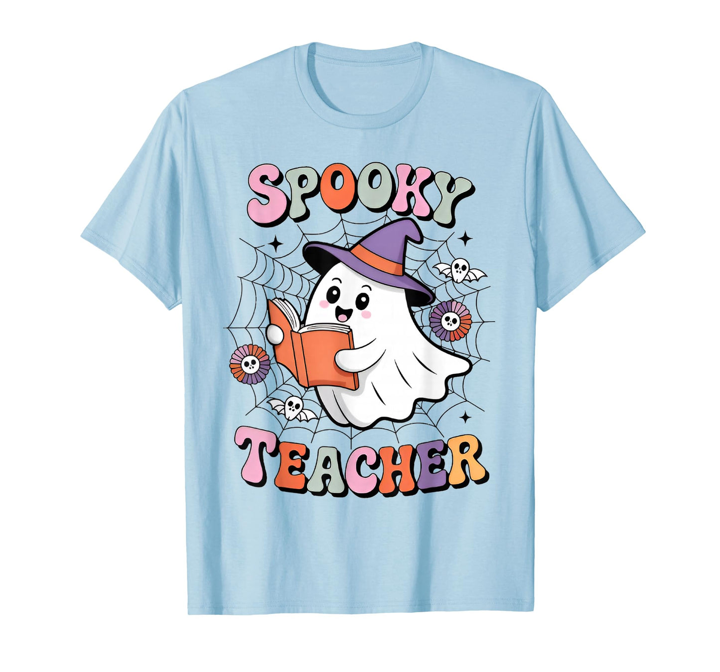 Groovy Spooky Season Teacher Halloween Retro Floral Ghost T-Shirt