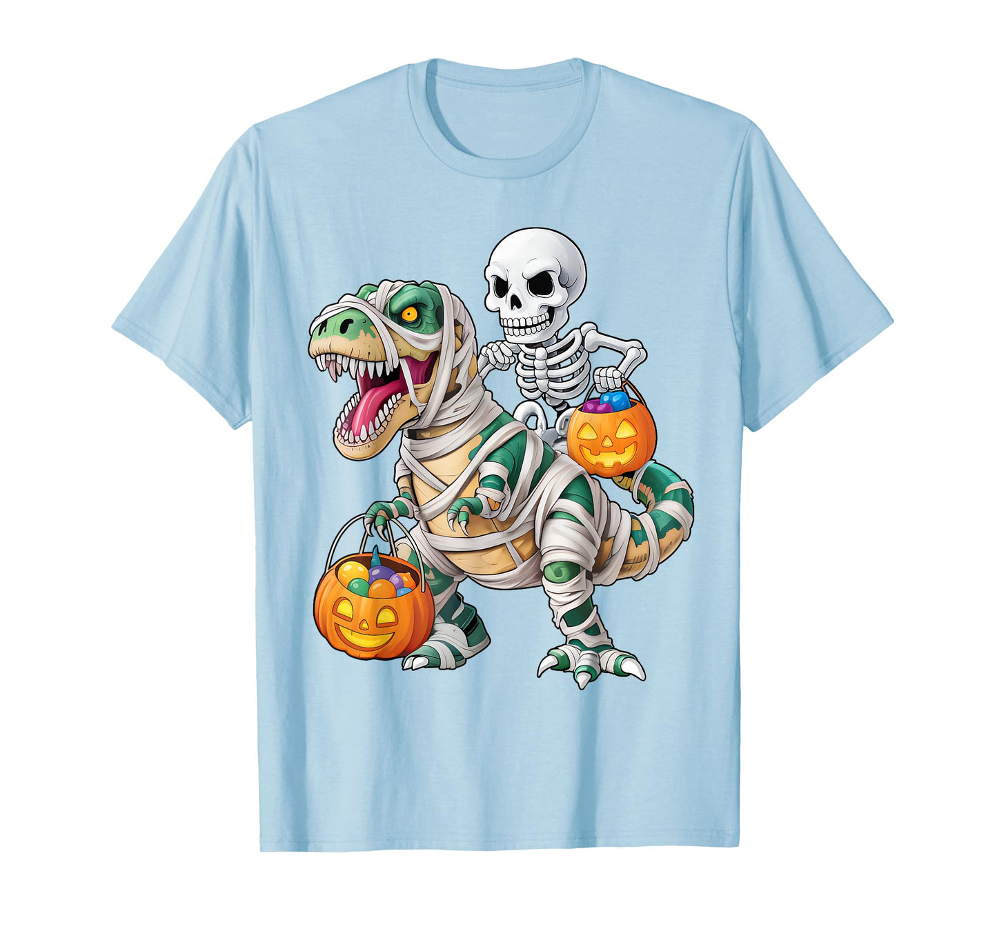 Skeleton Riding Mummy Dino Pumpkin Candy Halloween Costume T-Shirt
