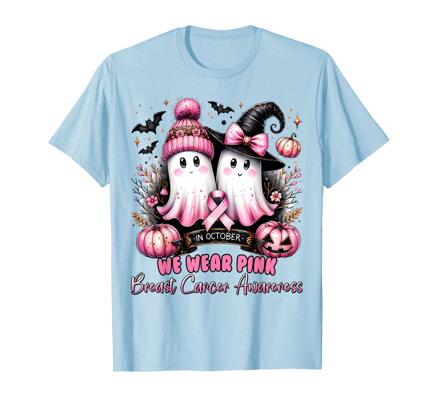 In October We Wear Pink Ghost Witch Breast Cancer Awareness T-Shirt