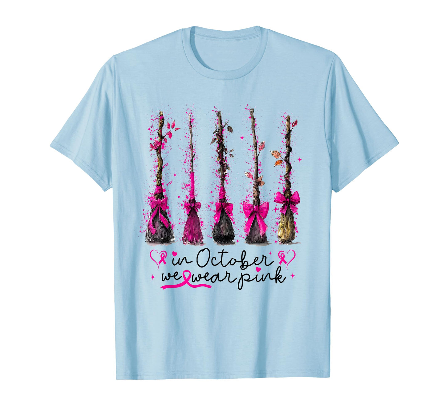 in October We Wear Pink Witches Brooms Spooky Breast Cancer T-Shirt