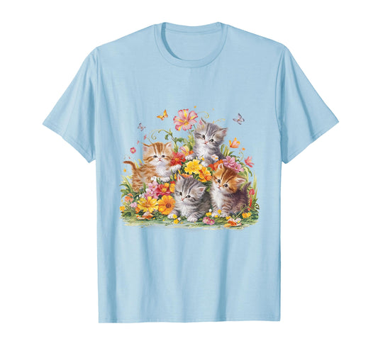 Floral Vintage Aesthetic Painted Kittens and Pressed Flower T-Shirt