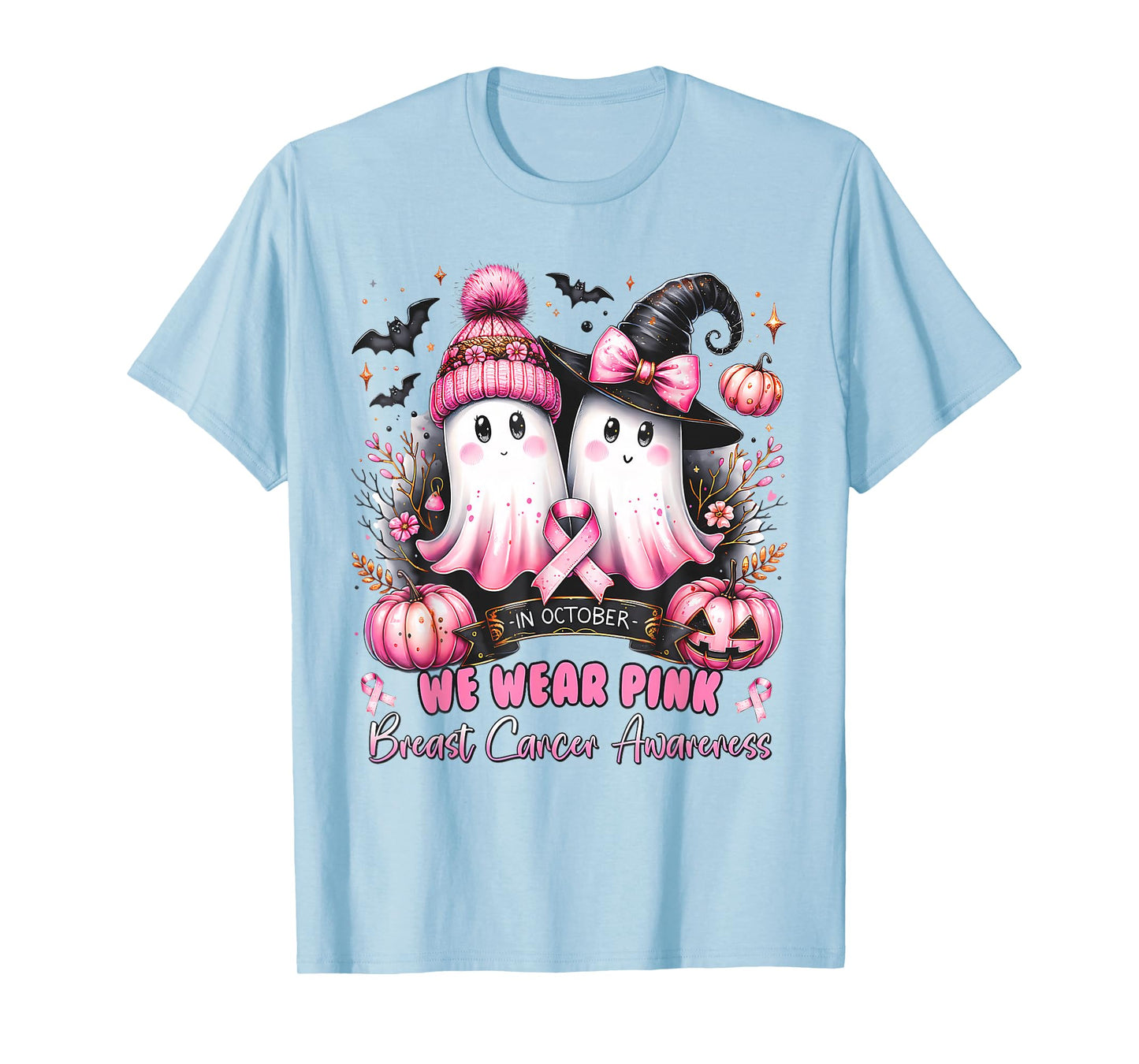 in October We Wear Pink Ghost Witch Breast Cancer Awareness T-Shirt
