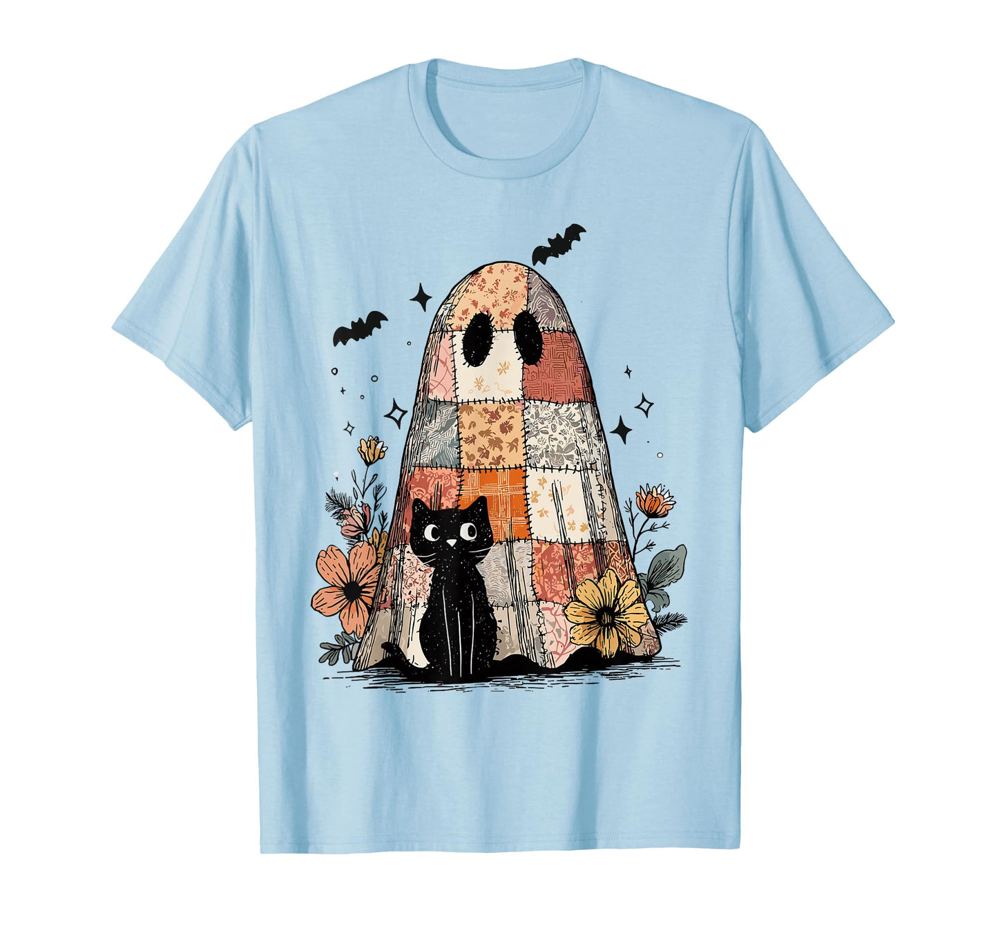 Retro Patchwork Ghost and Cat Floral Hallowee Spooky Season T-Shirt