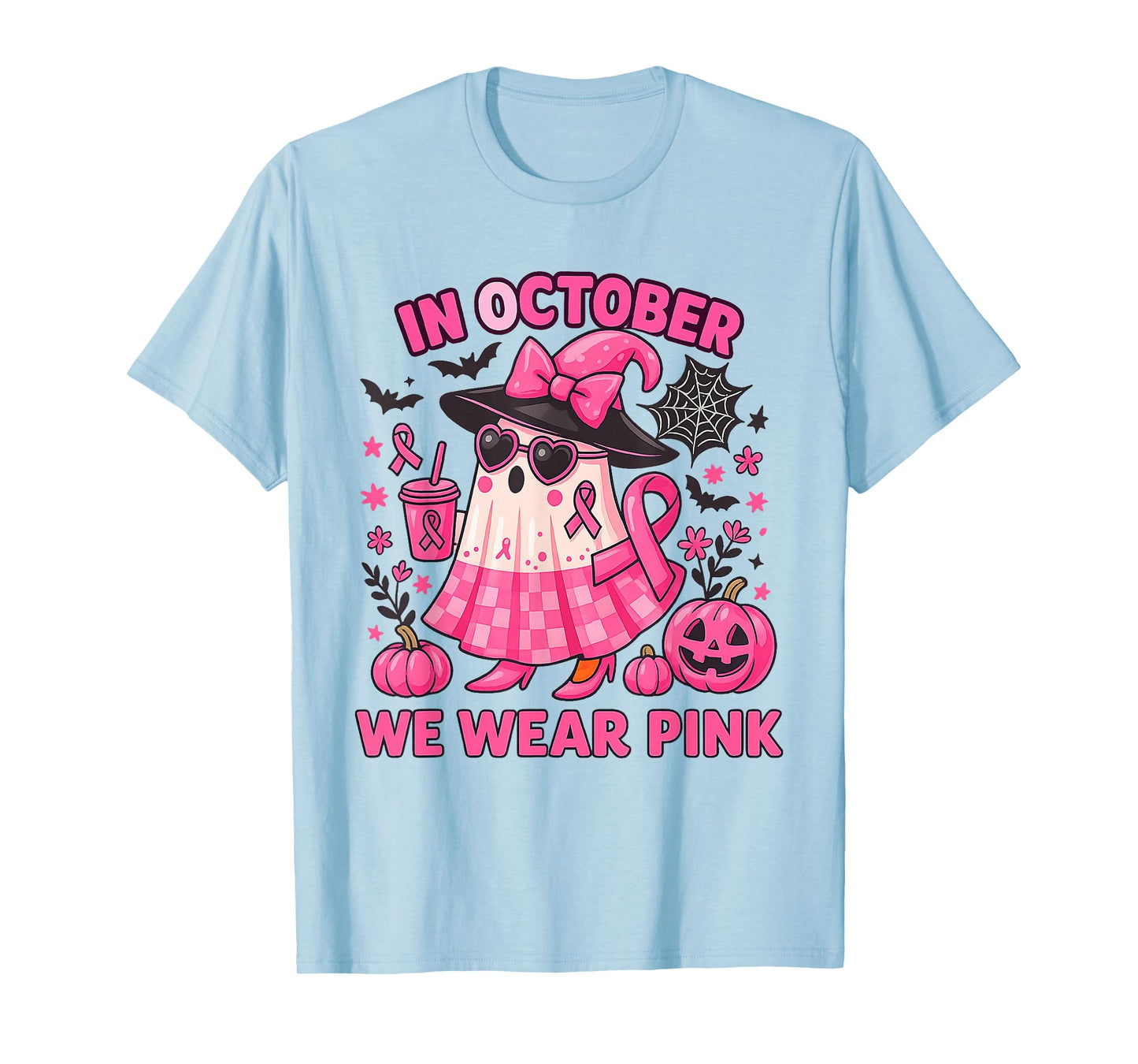 in October We Wear Pink Ghost Witch Breast Cancer Awareness T-Shirt
