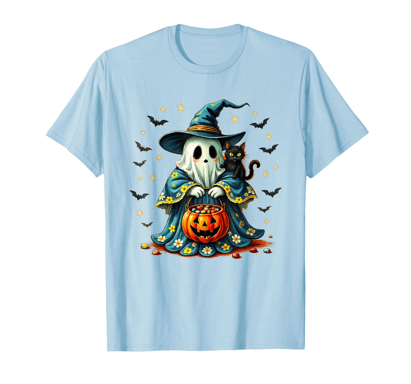 Vintage Halloween Ghost Holding Black Cat Groovy Floral T-Shirt