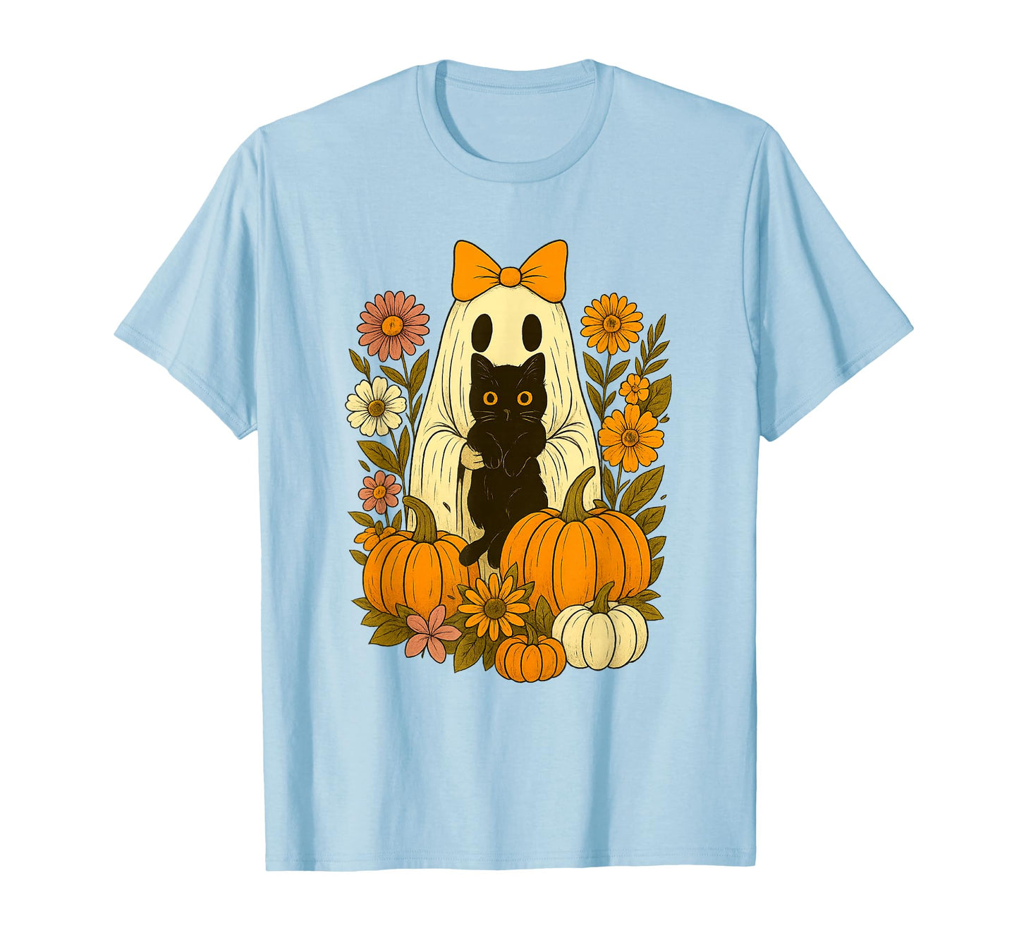 Vintage Cute Halloween Ghost Holding Cat Groovy Floral T-Shirt