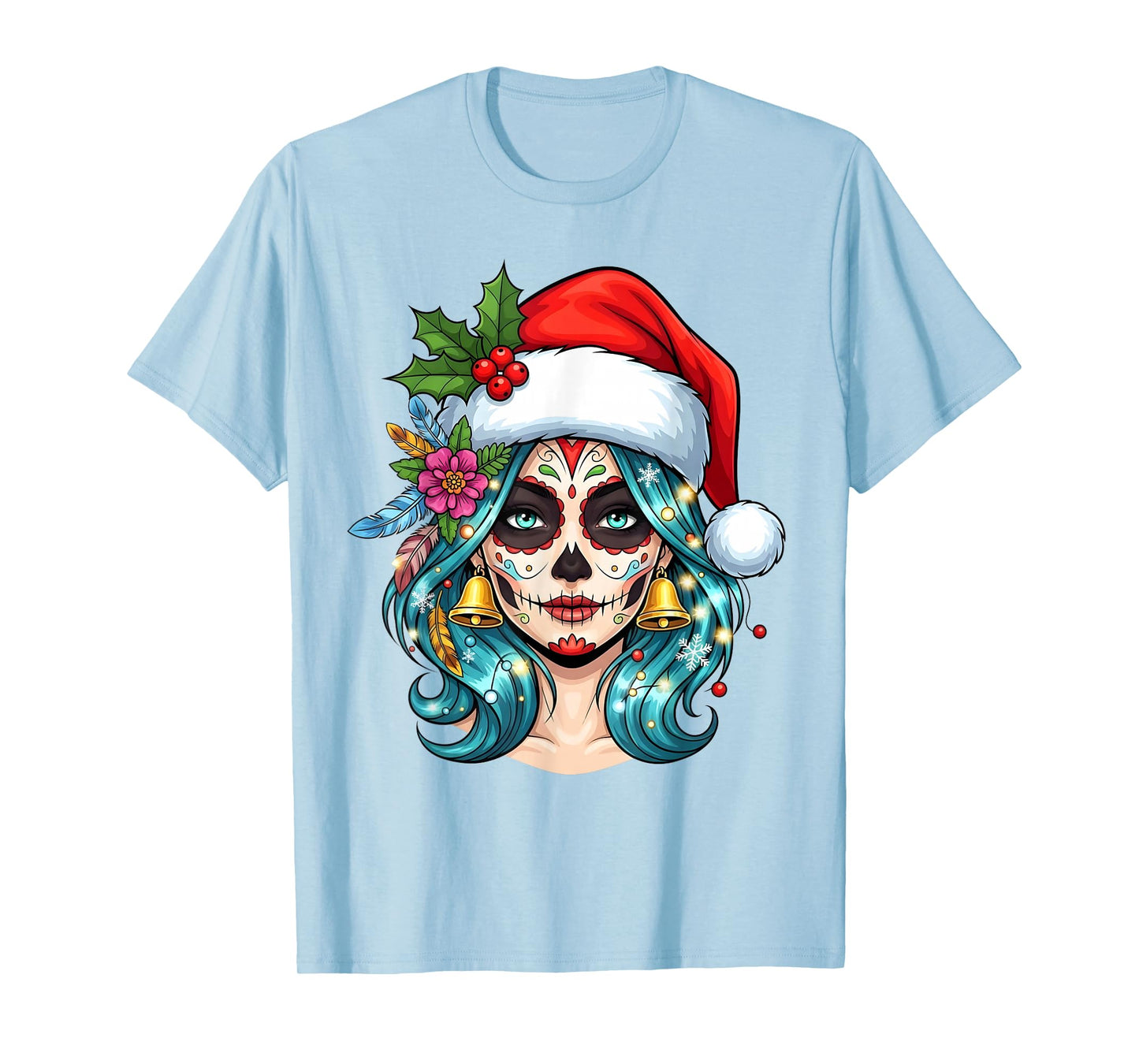 Christmas Sugar Skull Art Woman Santa Hat Festive Design T-Shirt