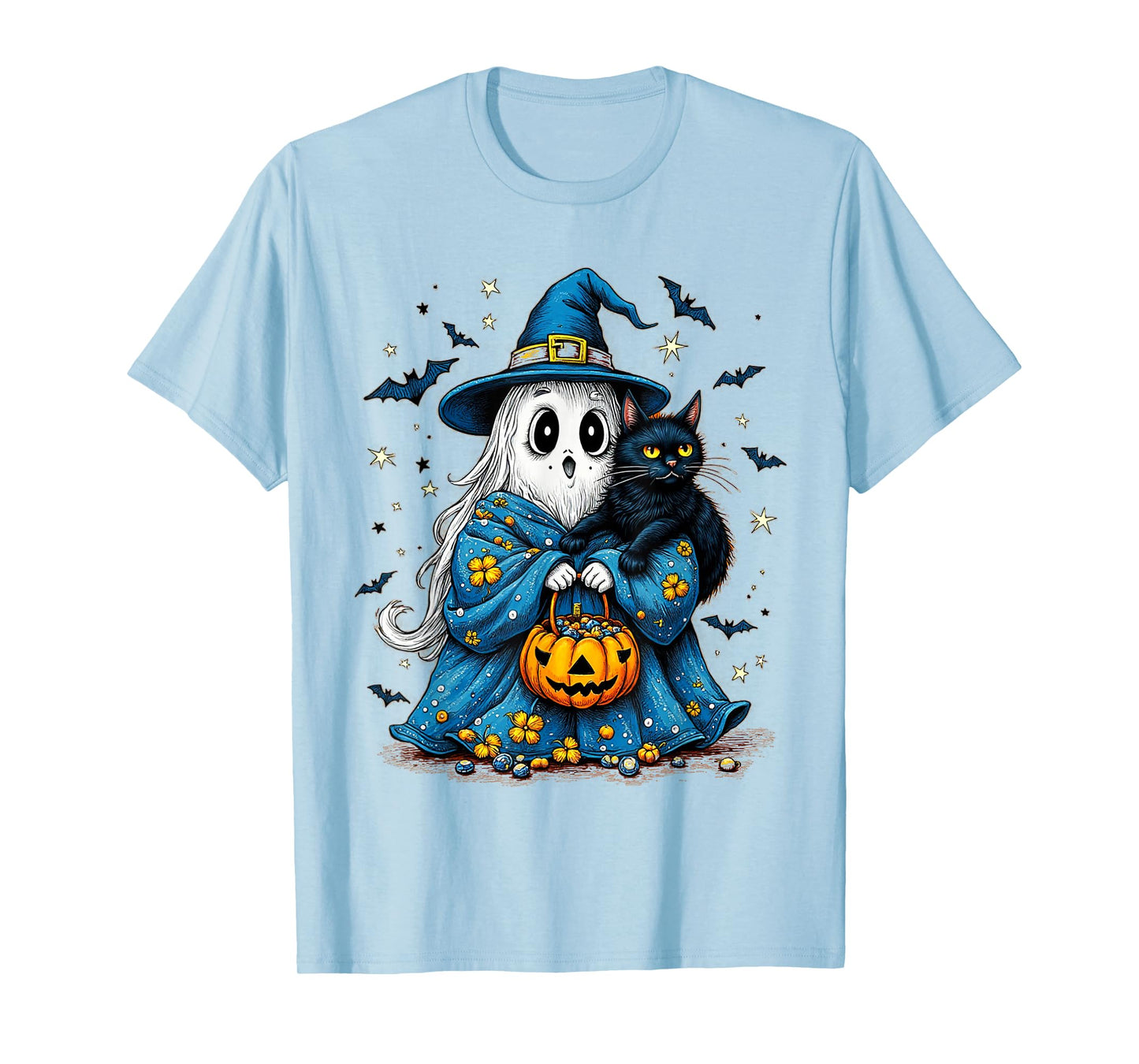 Halloween 2025 Ghost Holding Black Cat Groovy Floral Vintage T-Shirt