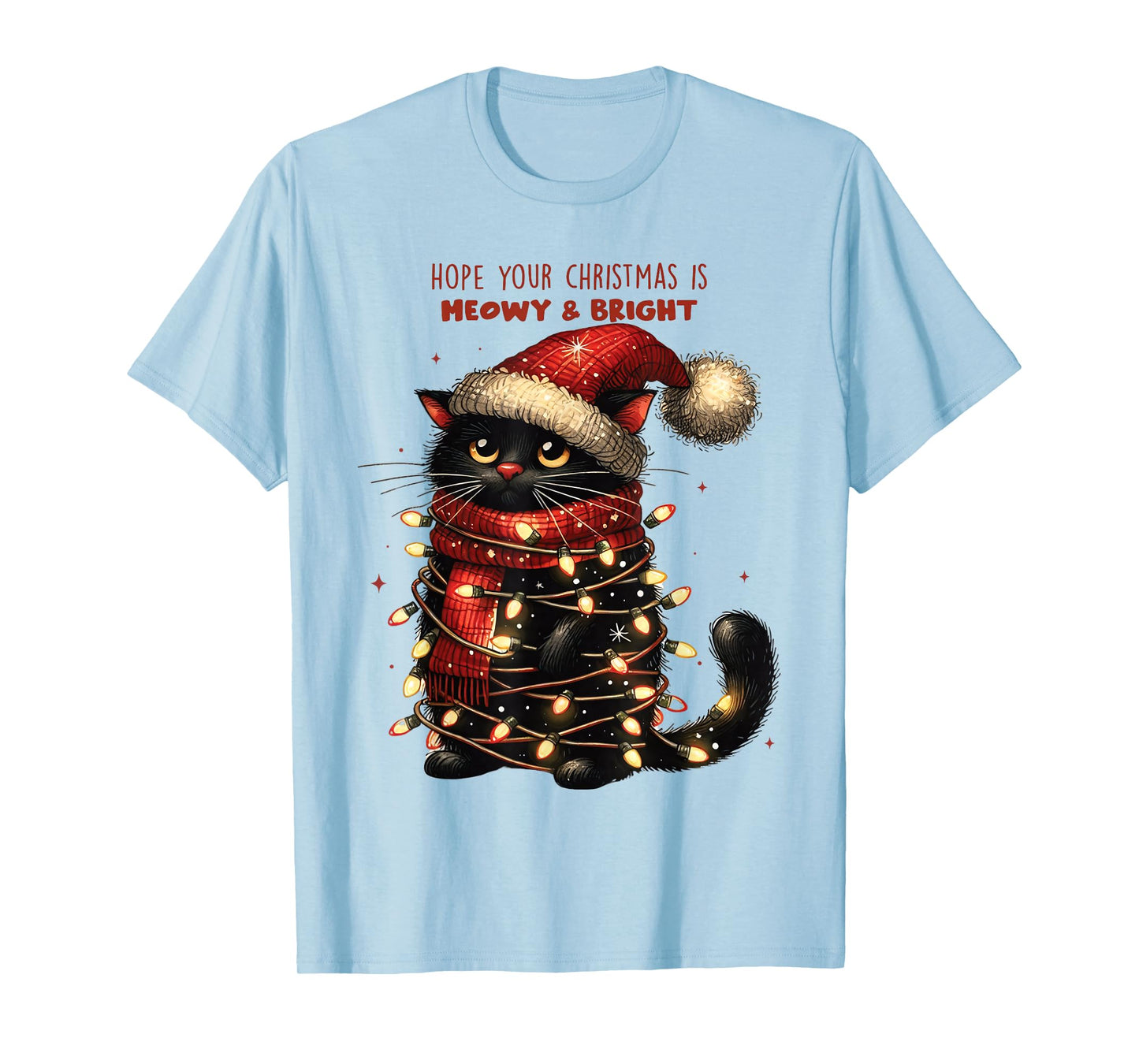 Funny Christmas Cat Shirt Wrapped in Lights Meowy and Bright T-Shirt