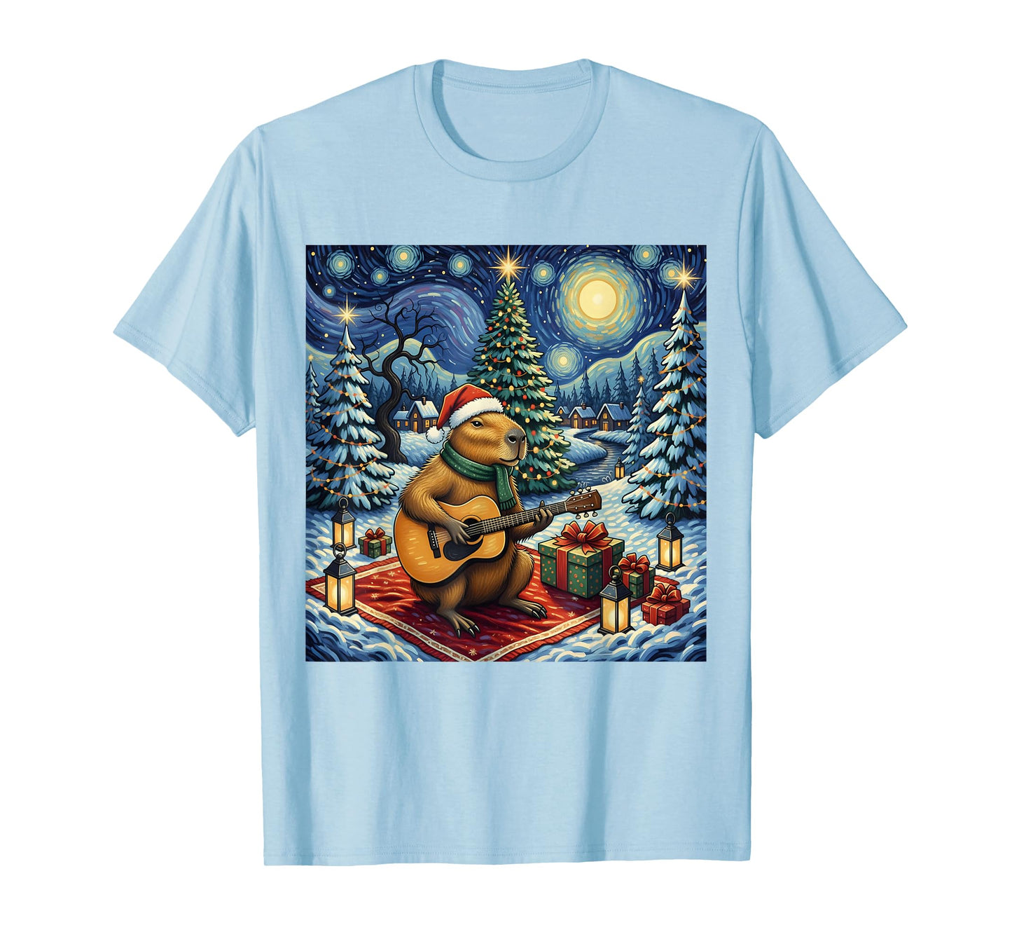 Capybara Playing The Guitar Van Gogh Style Christmas Themed T-Shirt