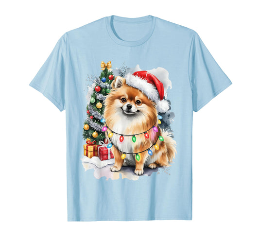 Cute Santa Pomeranian Dog Tangled in Christmas Lights Winter T-Shirt