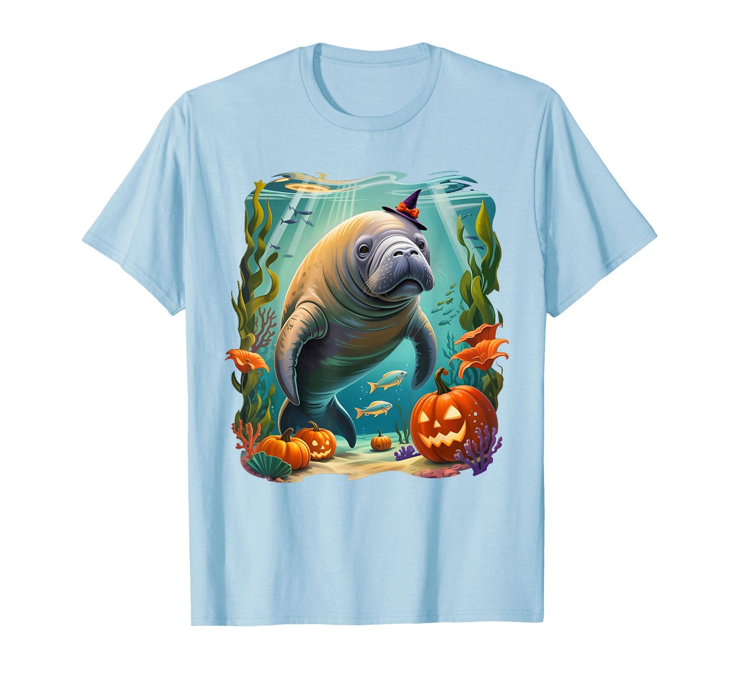 Manatee Witch Hat Pumpkin Halloween Dugong Costume Men Women T-Shirt
