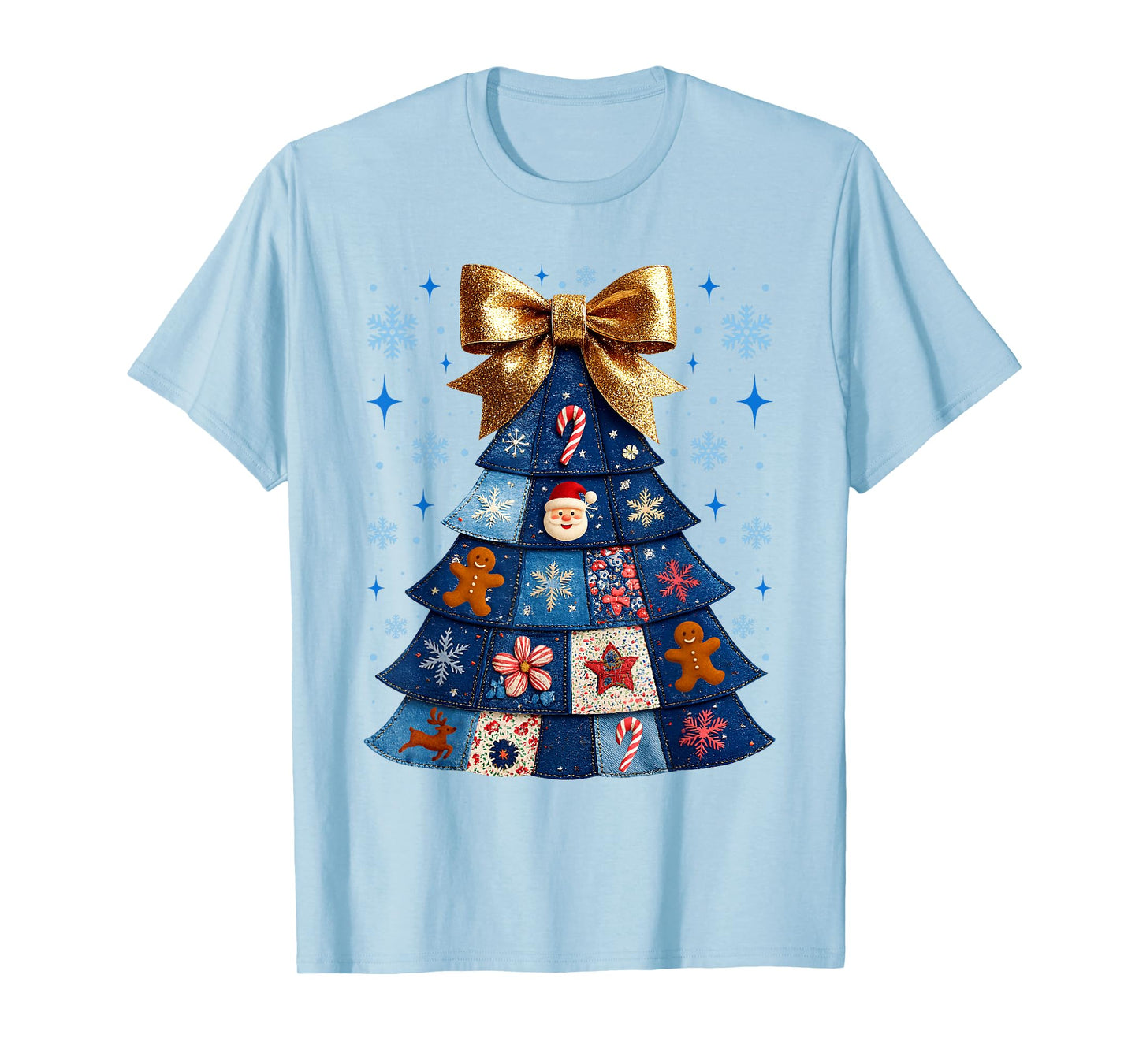 Denim Christmas Tree Quilt Patchwork Merry Christmas Fabric T-Shirt