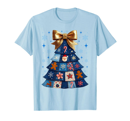 Denim Christmas Tree Quilt Patchwork Merry Christmas Fabric T-Shirt