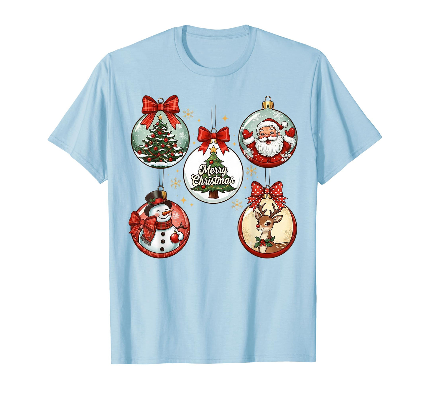 Santa Reindeer Snowman and Tree Merry Christmas Ornament T-Shirt