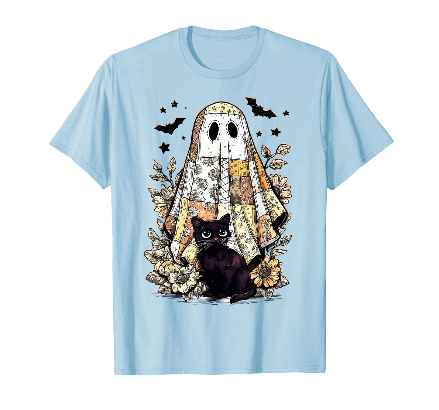 Vintage Halloween Ghost Holding Black Cat Groovy Floral T-Shirt