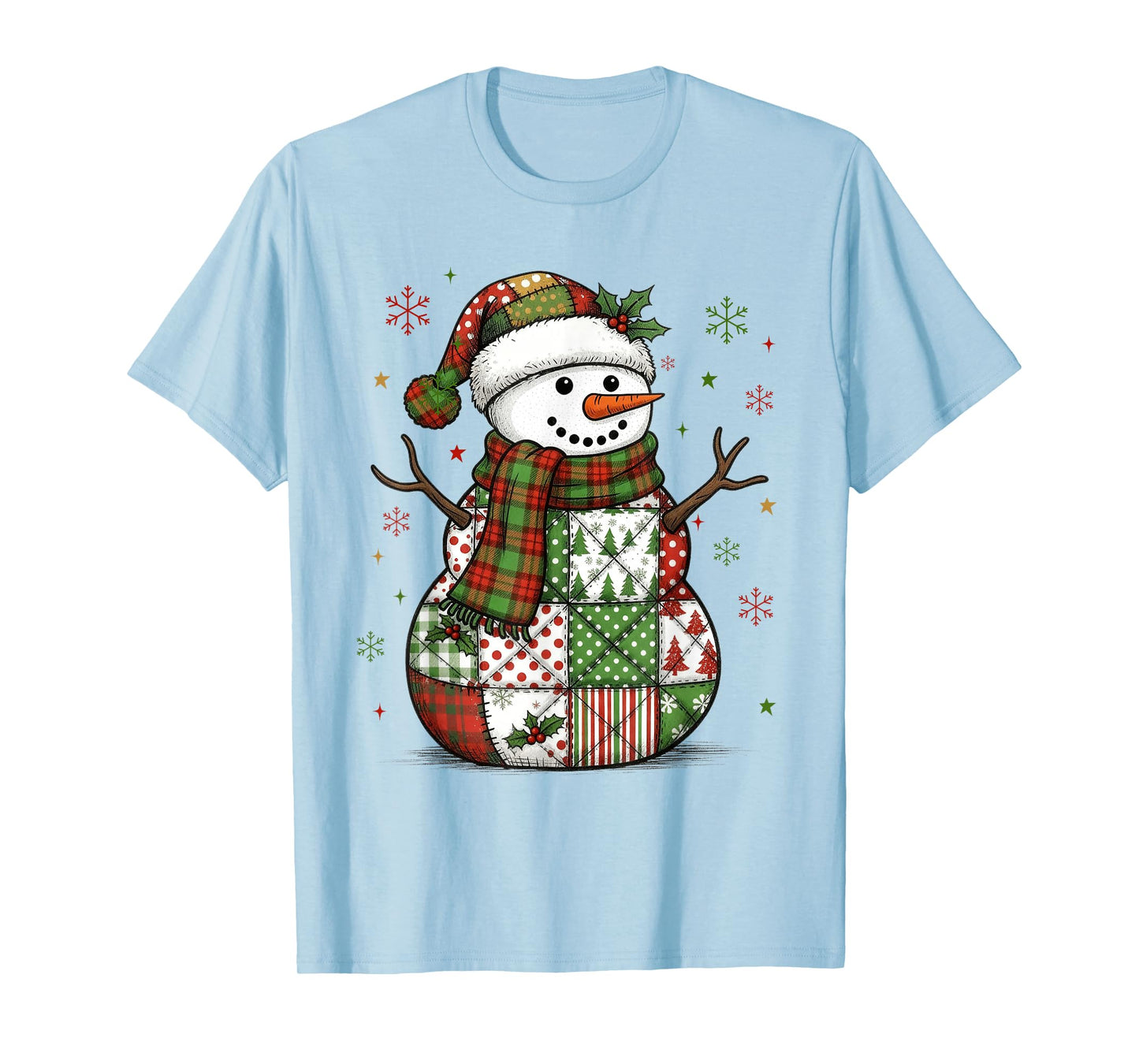 Cute Patchwork Snowman Merry Christmas Xmas Holiday Pajamas T-Shirt