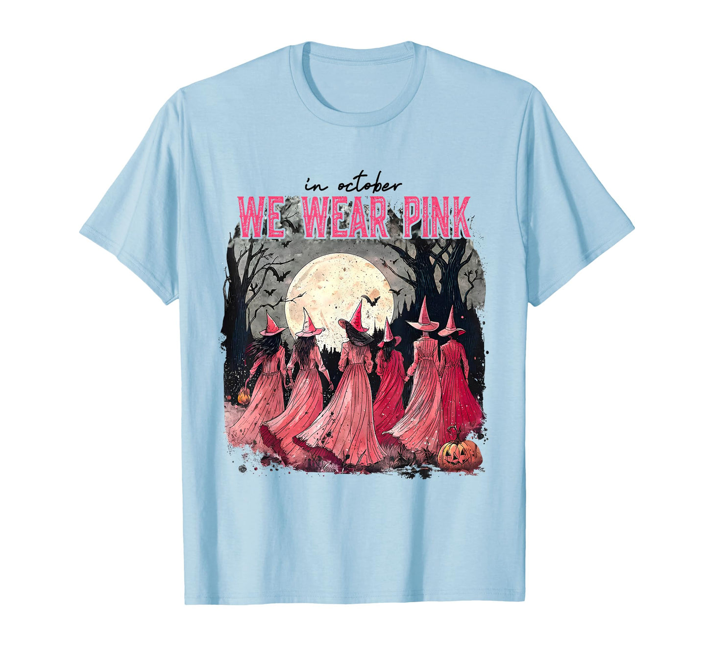 in October We Wear Pink Halloween Salem Witch Breast Cancer T-Shirt