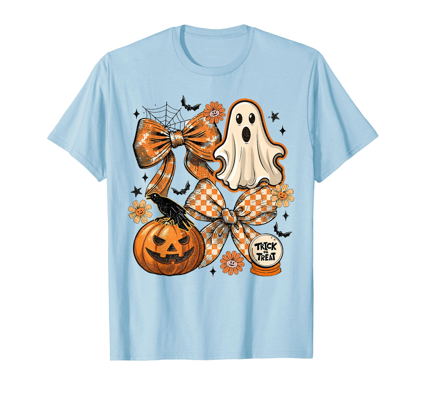 Vintage Halloween Ghost Coquette Bow Checkered Floral T-Shirt