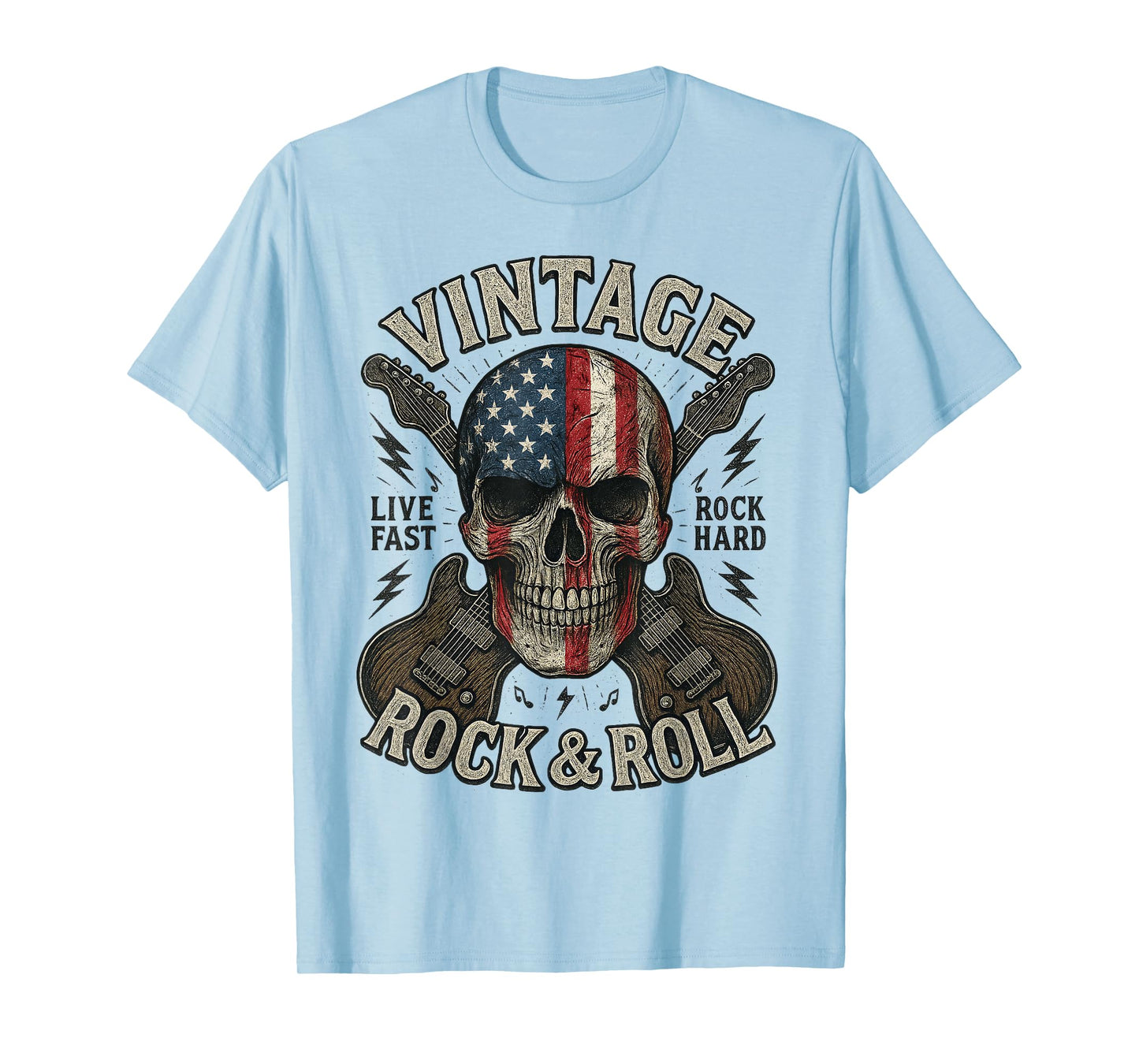 Vintage Rock Skull American Flag Guitar Retro Rock and Roll T-Shirt