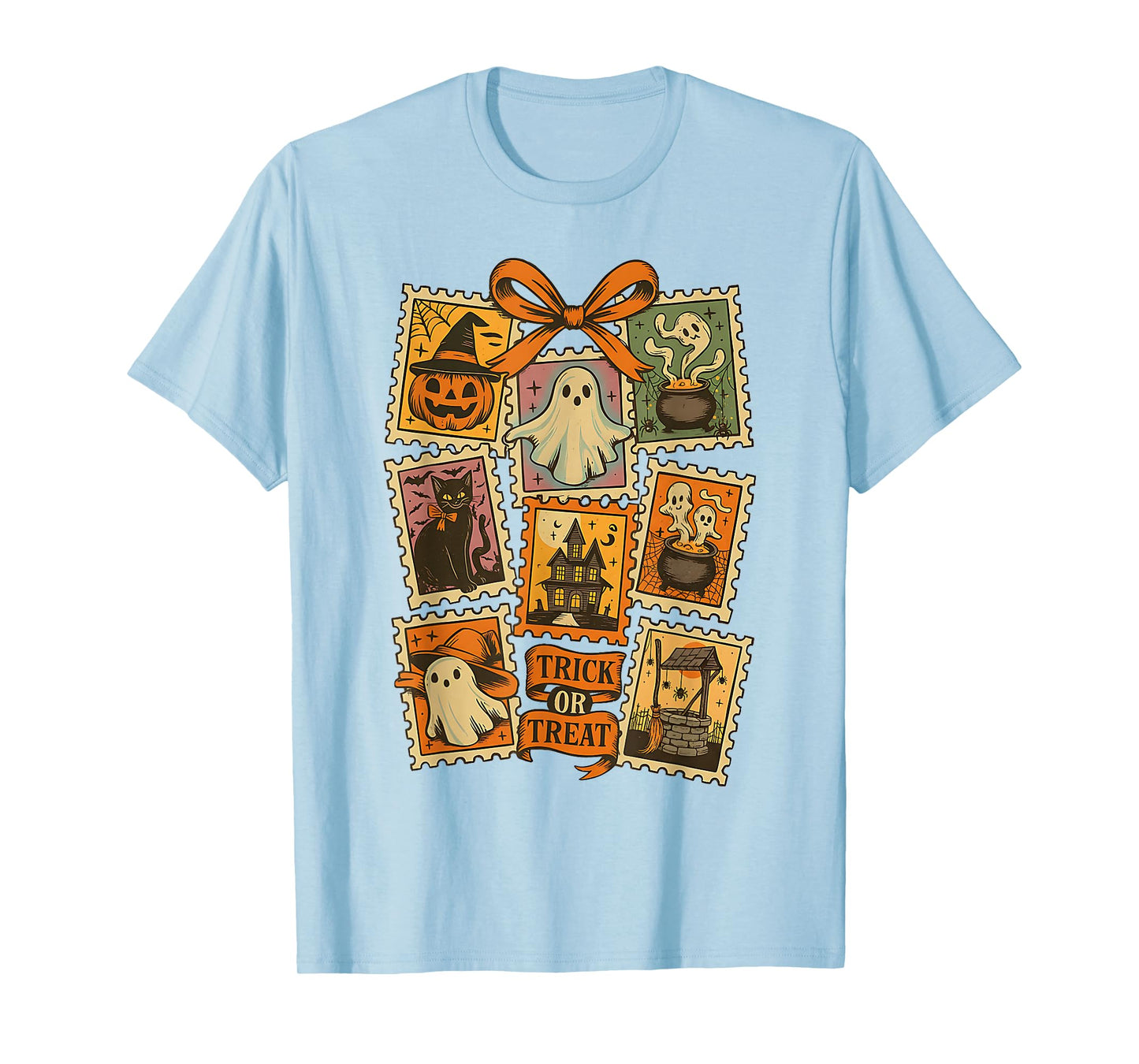 Halloween Stamp Spooky Ghost Boo Pumpkin Coquette Bow Retro T-Shirt