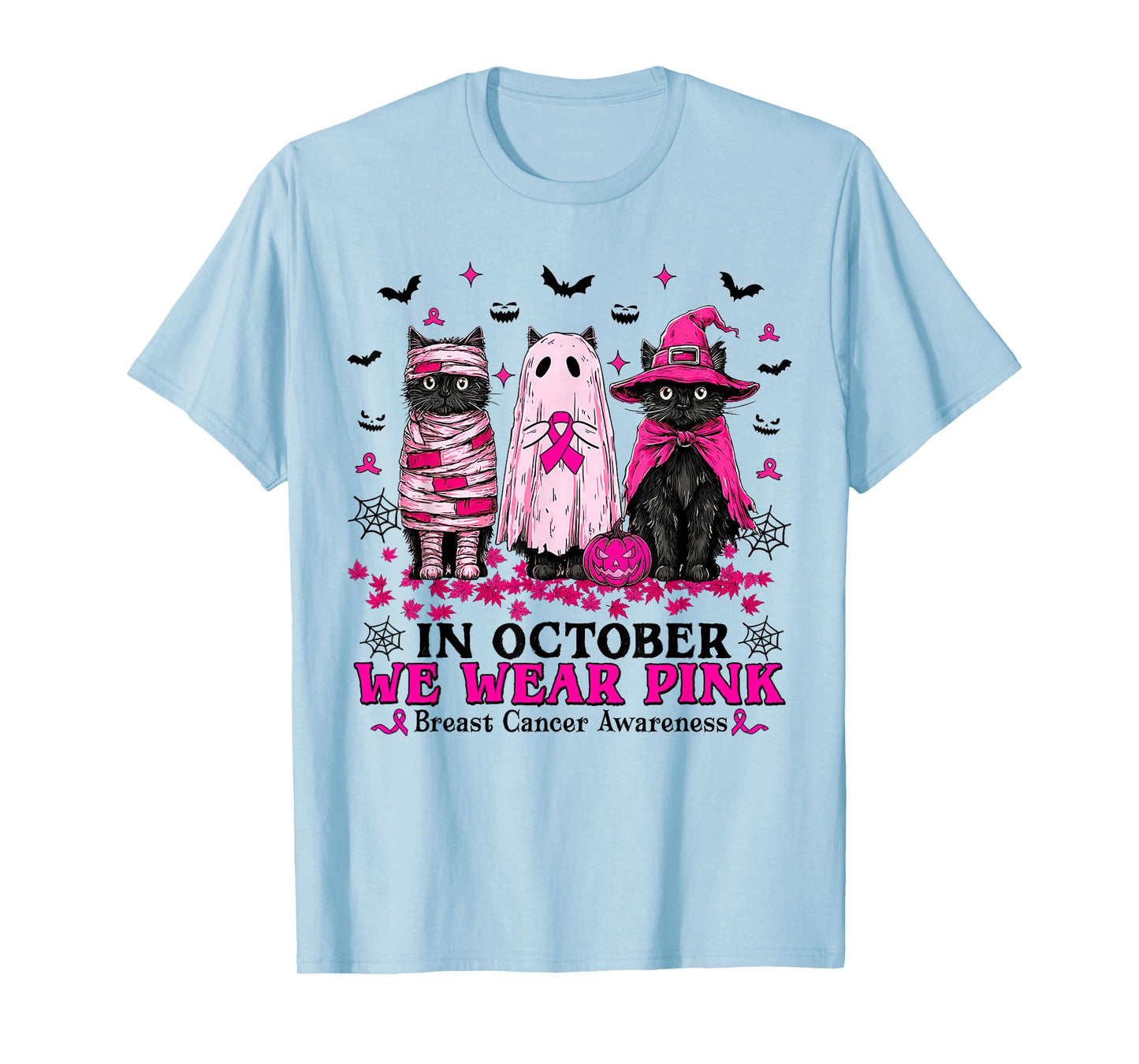 Halloween Black Cat in October We Wear Pink Breast Cancer T-Shirt