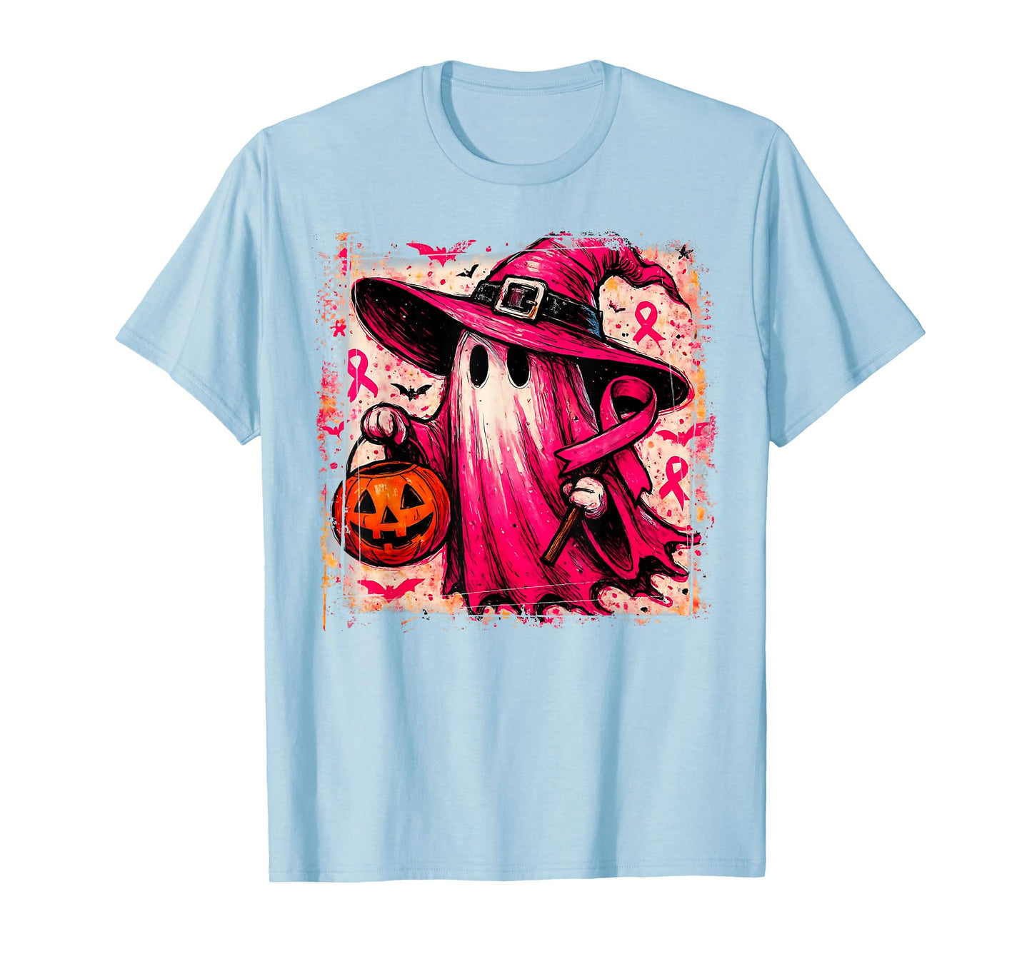 in October We Wear Pink Ghost Witch Breast Cancer Awareness T-Shirt