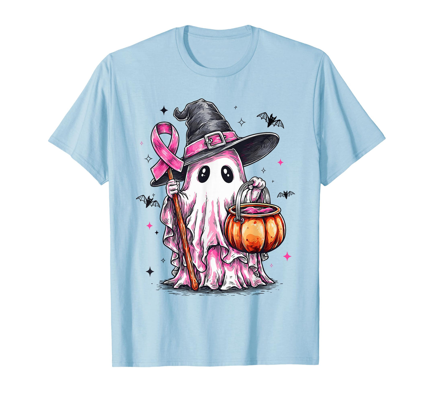 Retro Pink Ghost Witch Halloween Breast Cancer Awareness T-Shirt