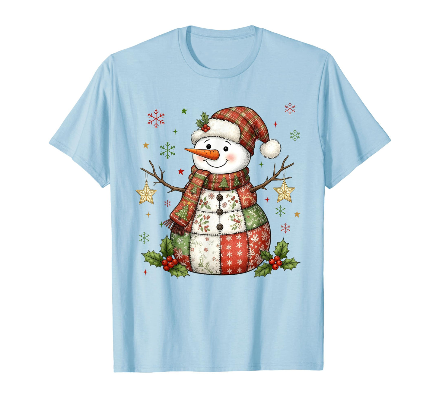 Cute Patchwork Snowman Merry Christmas Xmas Holiday Pajamas T-Shirt
