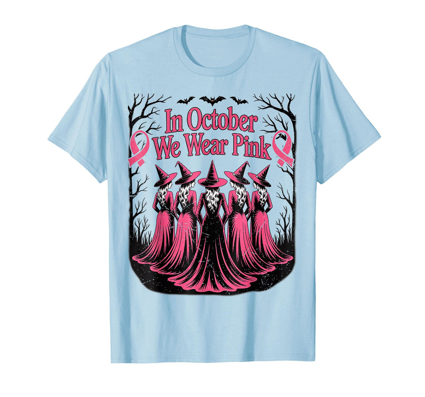 in October We Wear Pink Ghost Witch Breast Cancer Awareness T-Shirt