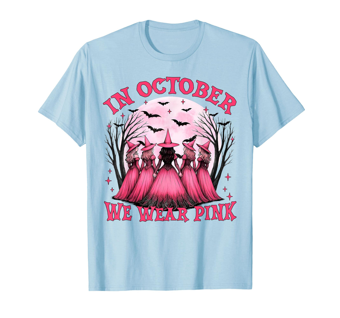 in October We Wear Pink Ribbon Breast Cancer Witch Halloween T-Shirt