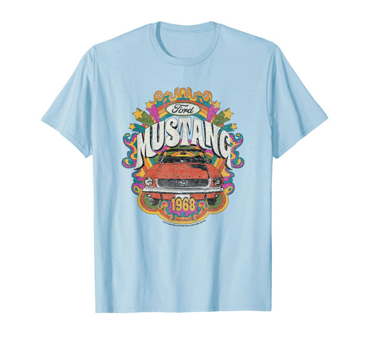 Ford - Vintage Red Mustang 1968 Rainbow Background Stars T-Shirt